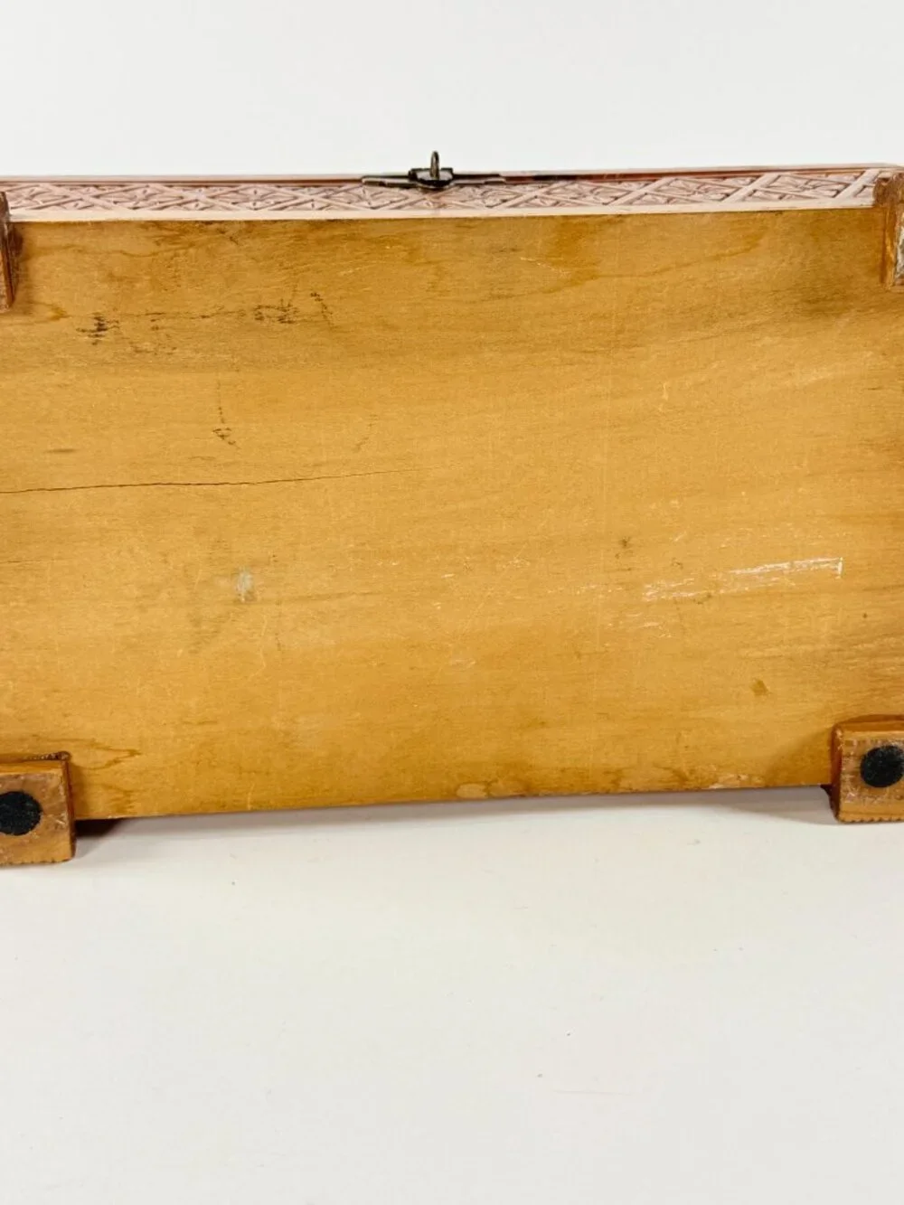 Vintage Cedar Wood Jewelry Box With Carved Floral Design & Landscape Scene Lid
